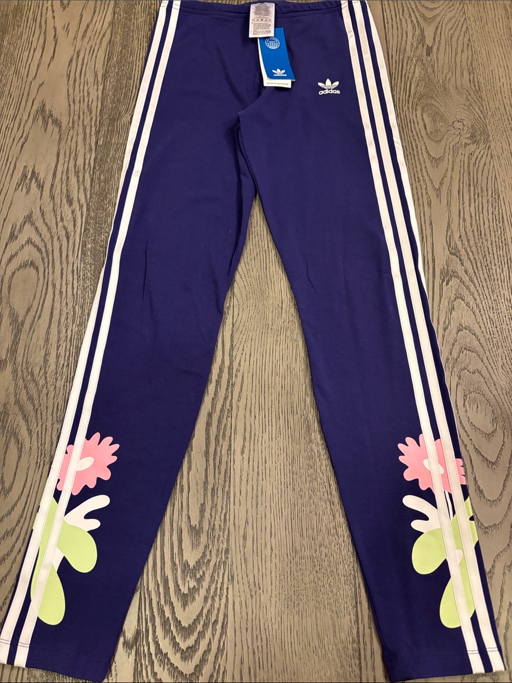 adidas Purple Leggings with White Stripes and Floral Accents